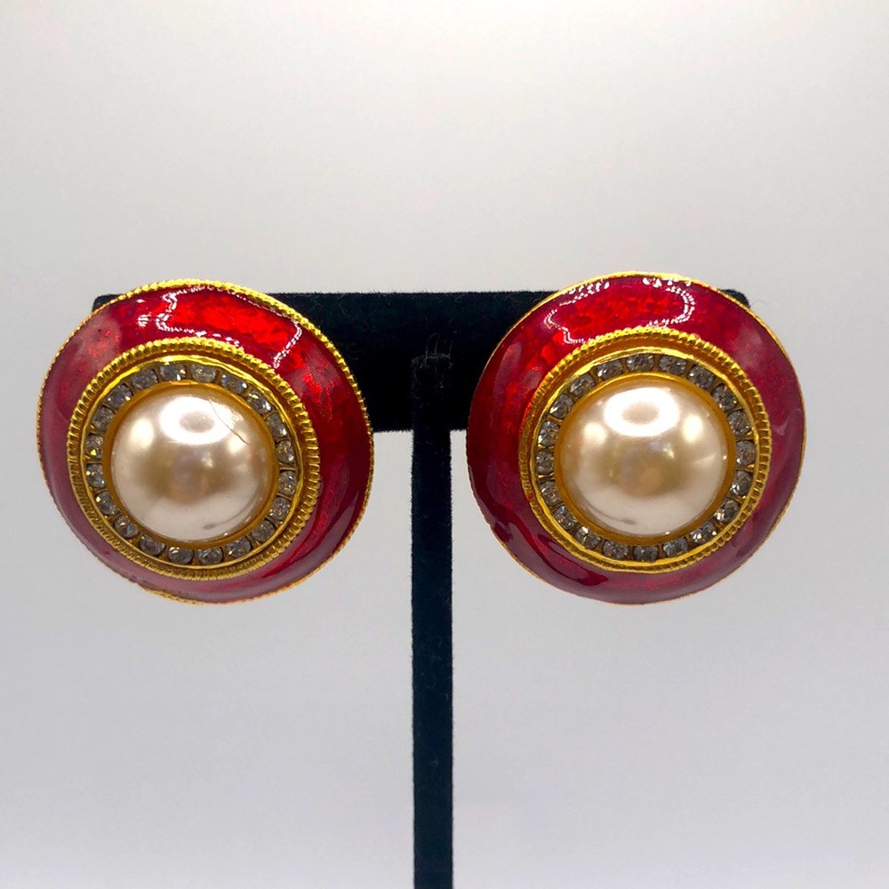 🖤GERARD YOSCA vintage clip on earrings enamel pearl rhinestone